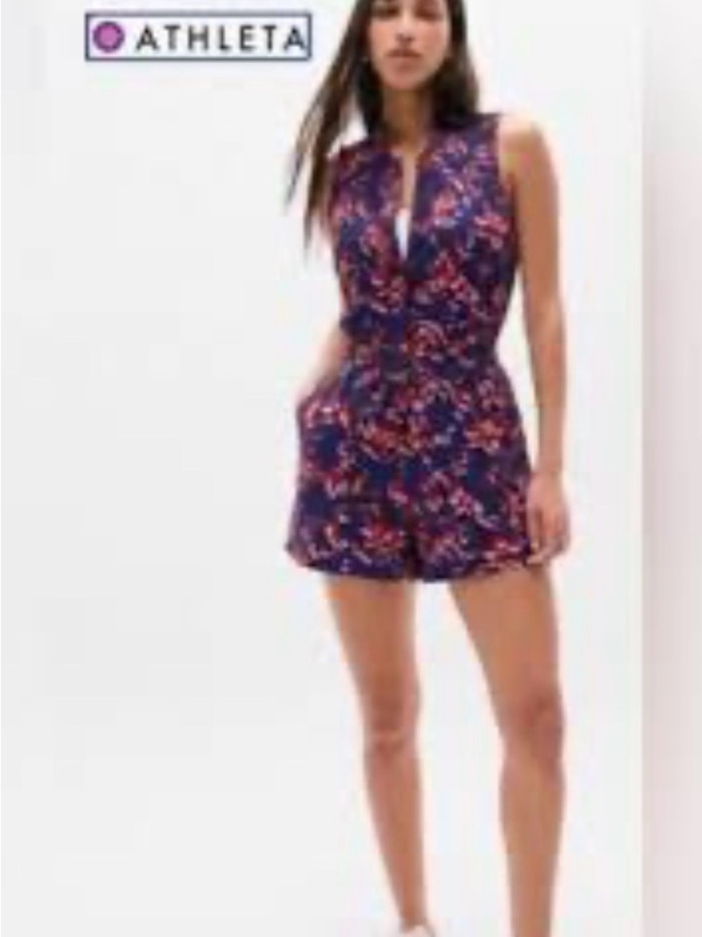 Athleta Brooklyn Romper Navy Floral Zip-Front Sleeveless, Size 6